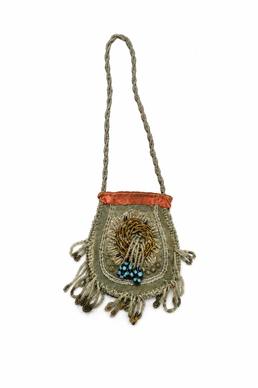 Antique Beaded Satin Purse Glass Bead Fringe Floral Handcrafted 1900s Victorian